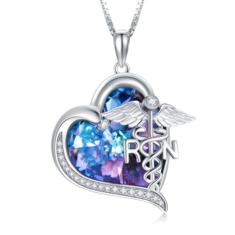 TOUPOP Gifts for Nurse Nurse Gifts for Women Sterling Silver Heart RN Caduceus Pendant Necklace with Purple Heart Crystal Medical Jewelry - Image 1